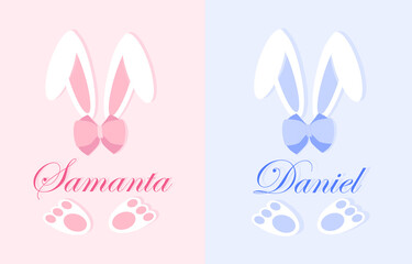 Easter bunny name plate concept. Boy and girl frame. Beautiful long rabbit ears, paws and bow. Clipart for personal invitations. Cartoon modern flat vector collection on pink and blue background