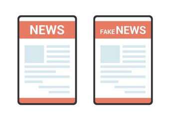 Flat design illustration of tablet with newsletter on the screen. Lettering News and Fakenews on a white background, vector