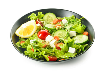 Bowl with tasty fresh vegetable salad on white background