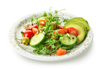 Plate with delicious fresh vegetable salad on white background