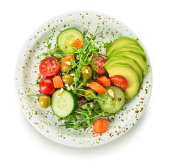 Plate with fresh vegetable salad on white background