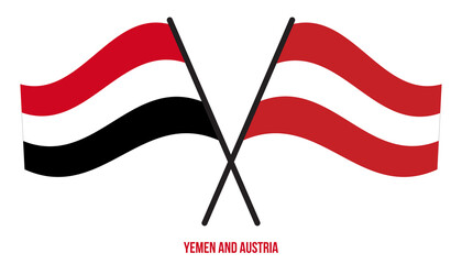 Yemen and Austria Flags Crossed And Waving Flat Style. Official Proportion. Correct Colors.