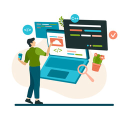 Programmer works with program code and cloud service. Man with coffee in hand is setting up and checking online application. Professional coding and creation of mobile platforms. Vector flat concept