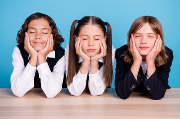 Photo of adorable dreamy schoolchildren wear uniform smiling closed eyes arms cheeks isolated blue color background