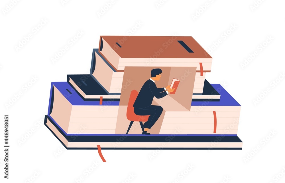 Poster Person reading academic literature in library. Student studying inside stack of books. Concept of education and preparing for exam. Flat vector illustration of reader isolated on white background