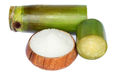 Piece of sugarcane with white sugar over white background