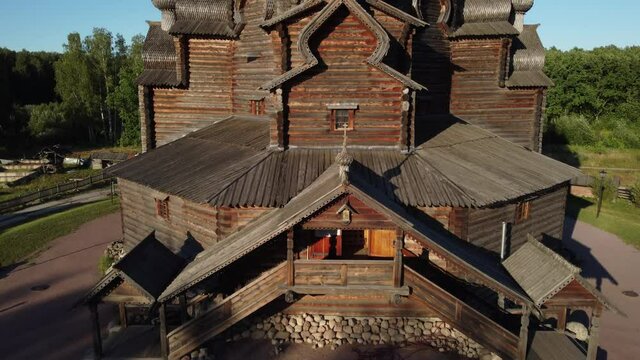 Flight over the Intercession Church in the ethno park Bogoslovka estate.