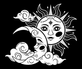 Magical vector illustration for tarot, astrology, celestial alchemy, zodiac. Mystical sun and moon with a face on a black background.