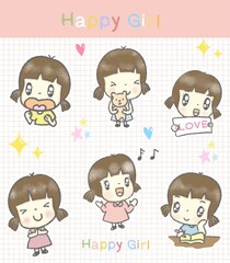 Cute girl, happy girls, pretty girls sticker set