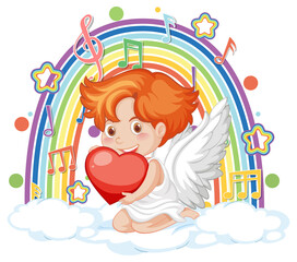 Cupid boy on the cloud with melody symbols on rainbow