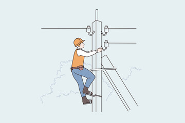 Lightning equipment and workers concept. Man Lineman worker climbing up telephone post, high voltage vector illustration  - obrazy, fototapety, plakaty