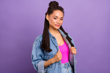 Portrait of attractive cheerful girl posing modern hairdo cozy wear isolated over bright purple violet red color background