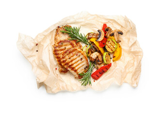 Tasty grilled vegetables and steaks on white background