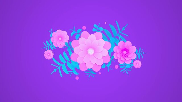 Flower appearing central composition. Leaves, flowers grow and bloom. Violet, pink, blue colored pattern. 3D Render. Valentine Day, Mother Day animated template. Abstract Spring, Summer 4K clip