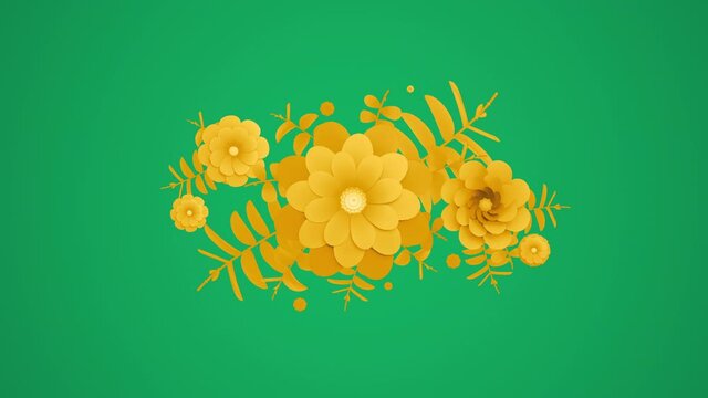 Flower appearing central composition. Leaves, flowers grow and bloom. Yellow and green colored pattern. 3D Render. Valentine Day, Mother Day dynamic template. Abstract Spring, Summer 4K animation