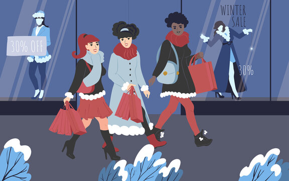 Young women friends are shopping for Christmas sales. Shopaholics with bags walking near store showcase in the city in winter. Flat vector illustration