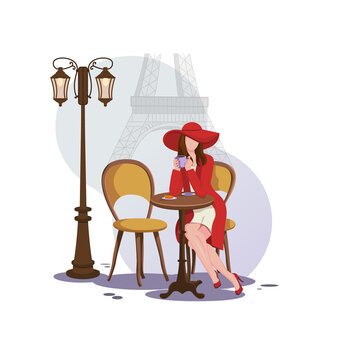 Beautiful brunette girl in a street cafe in Paris, drinking coffee and eating a croissant. Street light. Girl in a red hat, coat, and shoes. Parisian. Cartoon style. Concept. Vector illustration.