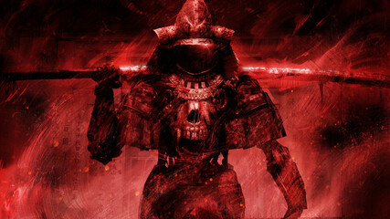A sinister bloody demon samurai walks with a huge rusty katana, he is wearing a helmet and armor, a huge dog's skull on his chest, the warrior glows with an eerie red aura, his eye glows in the dark