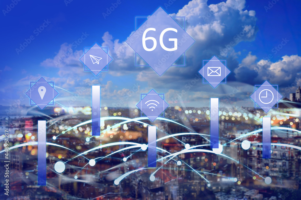 Poster 6g network wireless system. beautiful cityscape and network connection lines