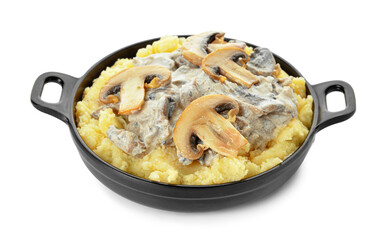Frying pan with tasty mashed potatoes and mushrooms on white background
