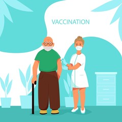 Doctor vaccinates an elderly man. Concept of vaccination against coronavirus. Vector banner template in flat style.