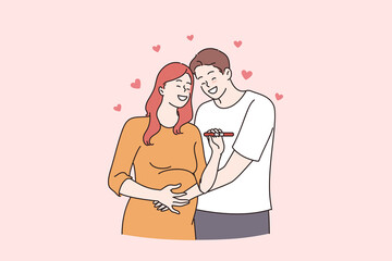 Happy relationship and expecting for baby concept. Happy couple man and woman cartoon characters standing hugging holding positive pregnancy test vector illustration 