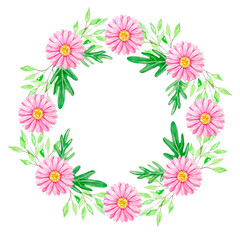 A watercolor frame made of pink flowers and green eucalyptus leaves for your product design.