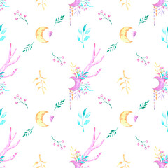 Watercolor pattern in boho style on white background. Pattern for the design of children's products, wallpapers, textiles and packaging.