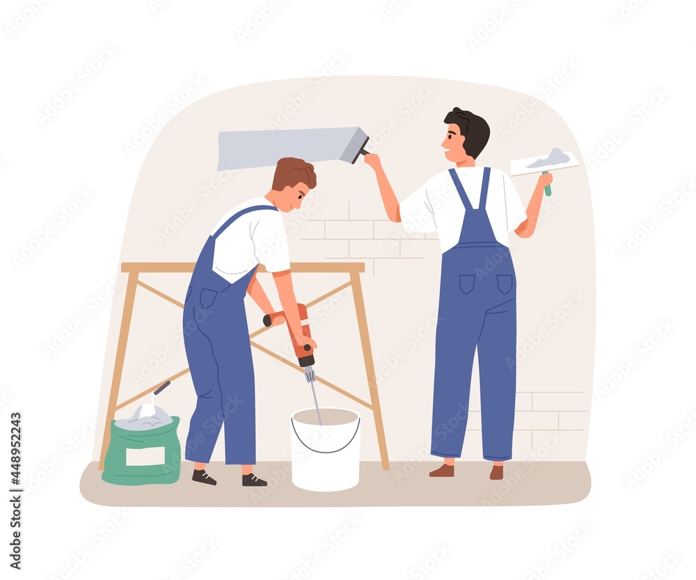 Poster plasterers smoothing, plastering and covering wall surface with putty, spackling paste and spatula. 