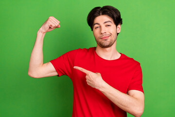 Fototapeta premium Photo of cool narcissistic guy direct finger strong hand muscle wear red t-shirt isolated green color background