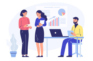 business concept. lady work in the office for a laptop and a tablet. vector graphics in flat cartoon style