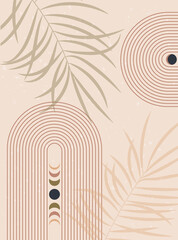 Abstract contemporary aesthetic background with Moon phases, Long Rainbow design. Earth tones, terracotta colors. Boho wall decor. Mid century modern minimalist art print. Vector illustration.