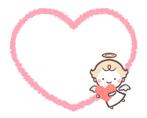 ハートを抱いて飛ぶ天使の線画ハートフレーム