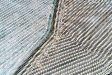 Nach der Ernte, abgemähtes Getreidefeld, Spuren auf einem Feld, Luftbild
