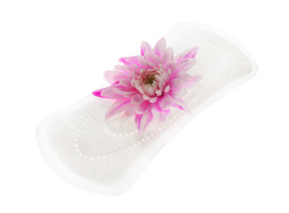 Menstrual pad and flower on white background