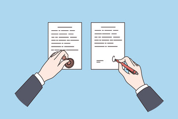 Official Notarization of documents concept. Hands of notary holding stamp and making signature on papers on blue background isometric vector illustration, top view 