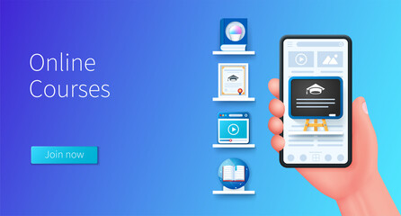 Online courses banner in 3D style