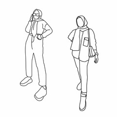 two hijab girls line art drawing