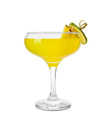 Glass of pineapple daiquiri cocktail on white background