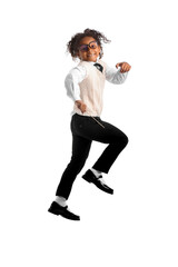Jumping African-American schoolgirl on white background