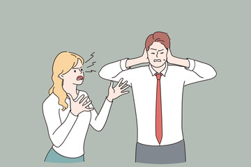 Scandal, fighting, problems in communication concept. Angry furious woman cartoon character standing shouting at man covering ears with hands vector illustration 