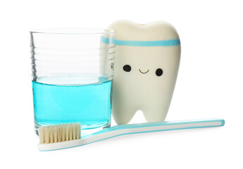 Mouthwash, toothbrush and holder on white background