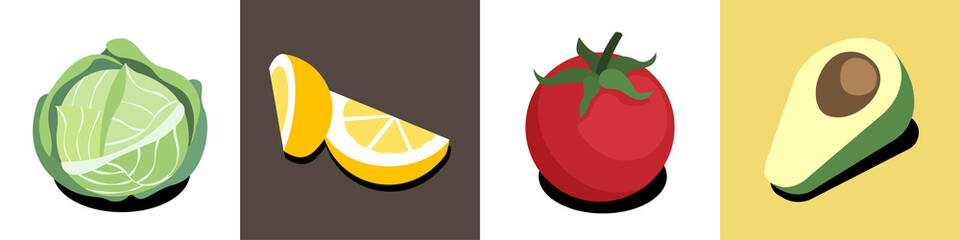 Illustration vector isometric collage banner design of healthy food eating concept. Cabbage,sliced lemon, tomato, avocado vegetables on table at dining room