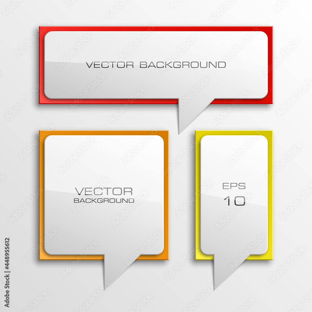 Poster Colloquial cloud on a rectangular background. Square banner. Three speech bubbles. Volumetric die for labels. Abstract vector banner. Design shape. Rectangle form. Volume lettering dies.