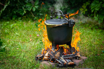 Preparing potatoes in a cast iron pot. Potato dish stewed on a fire, garden and outdoor recreation....