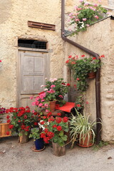 Fototapeta na wymiar Rural Village Street View with Old Wooden Door and Stone Wall and Colorful Potted Flowers in Central Italy