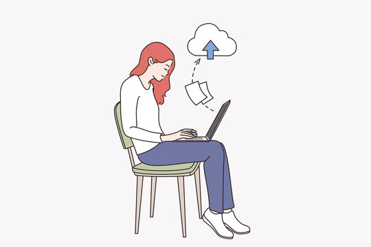 Downloading and storage in internet concept. Young smiling girl cartoon character sitting downloading information notes with laptop in cloud vector illustration 