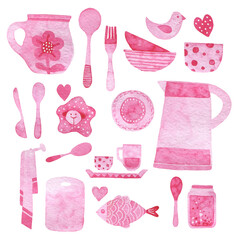 A set of kitchen utensils. Watercolor drawing.
