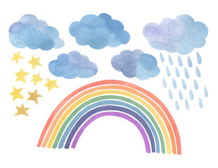 A rainbow surrounded by clouds, stars and rain. Watercolor drawing.