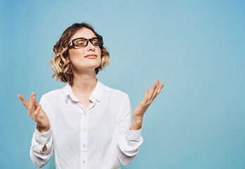 Business woman wearing glasses emotions gestures hands close-up office